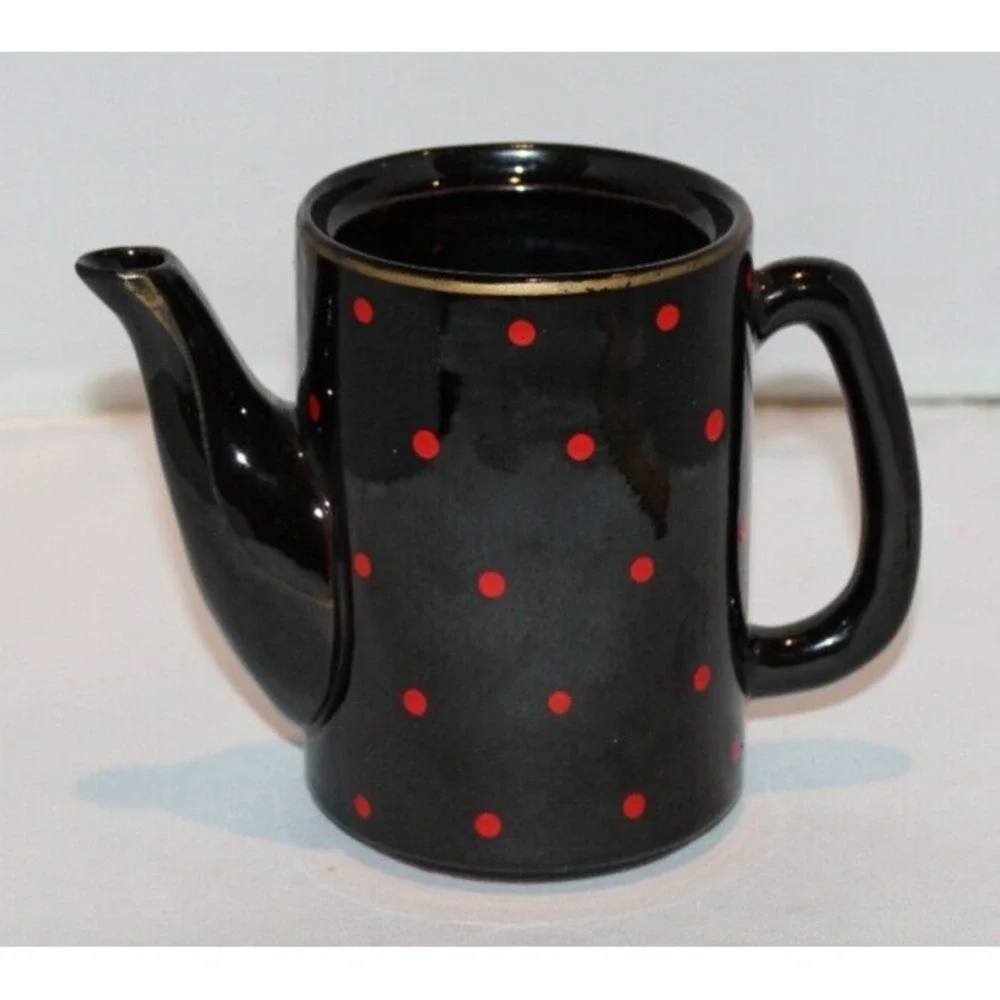 vintage 3 stack tea pot with creamer & cup black red polka dots gold trim Japan